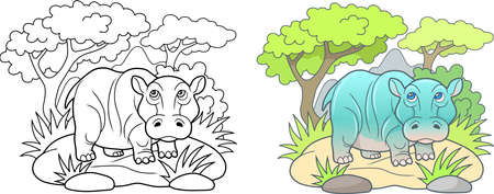 cartoon hippo walking across the expanses of Africaのイラスト素材