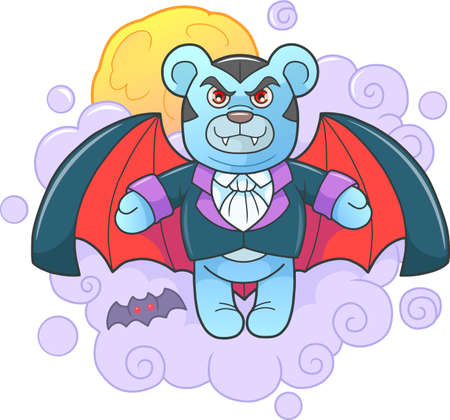 Cartoon teddy bear vampire flies in the skyのイラスト素材