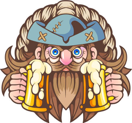 cartoon pirate with beer in hands, funny illustrationのイラスト素材