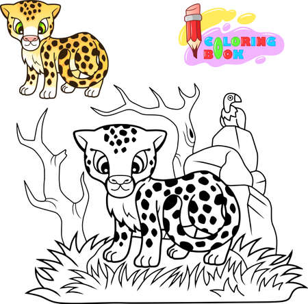 cartoon cute cheetah, funny illustration, coloring bookのイラスト素材