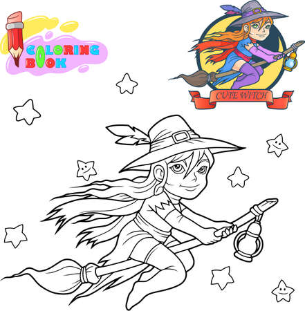 cartoon cute witch flying on a broomstick, funny illustration, coloring bookのイラスト素材