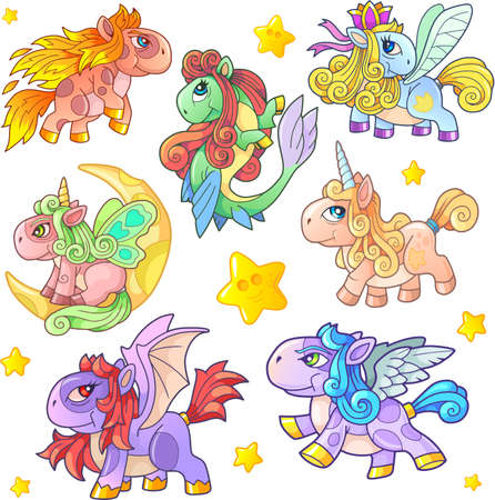 cartoon cute little pony set of funny imagesのイラスト素材