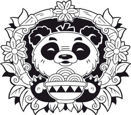 cartoon cute panda about to eat noodles, funny illustration, logoのイラスト素材