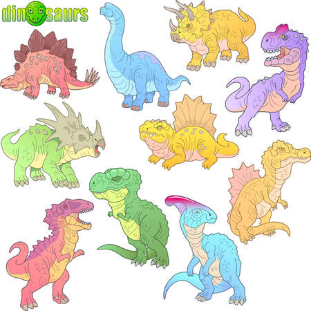 cartoon ancient prehistoric dinosaurs, set of images, funny illustrationsのイラスト素材