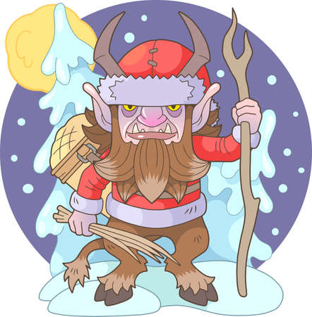 cartoon christmas angry monster krampus, funny illustration, designのイラスト素材