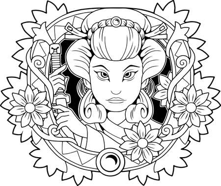 cute geisha with a sword in his hand, coloring book, illustration designのイラスト素材