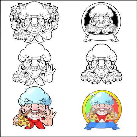 funny chef with pizza stickers, funny designのイラスト素材