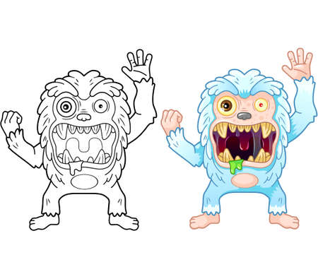 cartoon cute bigfoot monster, coloring book, funny illustrationのイラスト素材