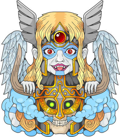mythological warrior valkyrie with a skull in her hands, illustration designのイラスト素材