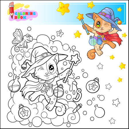 cute cartoon cat witch coloring bookのイラスト素材