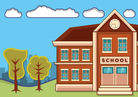 School building with landscape. Vector flat design illustrationのイラスト素材
