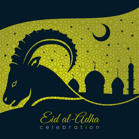 Muslim Festival of Sacrifice Eid-Al-Adha greeting card with sheep and mosque.のイラスト素材