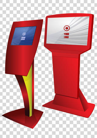 Two red Promotional Interactive Information Kiosk, Advertising Display, Terminal Stand, Touch Screen Display. Mock Up Template.のイラスト素材