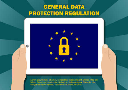 GDPR - General Data Protection Regulation. Two hands holding tablet, computer device. Vector illustrationのイラスト素材