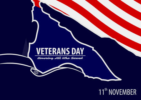 Veteran's day poster template. US Army soldiers saluting on american flag background. Vector illustration.のイラスト素材