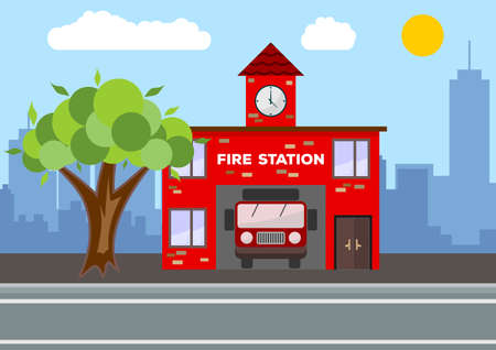 Fire station building. City landscape concept. Flat design. Vector illustration.のイラスト素材