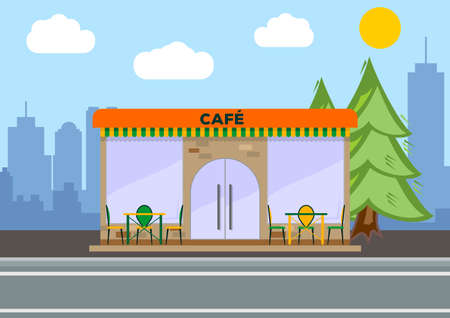 Street cafe. City landscape concept. Flat design. Vector illustration.のイラスト素材