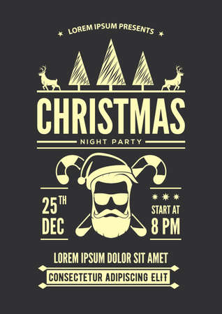 Christmas night party invitation, flyer or poster design with Santa Claus hat, beard and glasses. Vector illustration.のイラスト素材