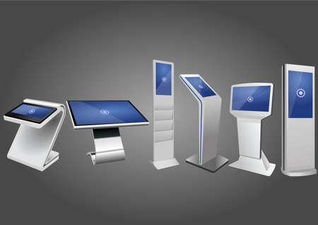 Six Promotional Interactive Information Kiosk, Advertising Display, Terminal Stand, Touch Screen Display. Mock Up Template.のイラスト素材