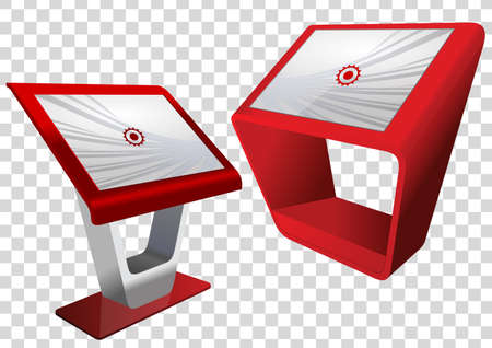 Two red Promotional Interactive Information Kiosk, Advertising Display, Terminal Stand, Touch Screen Display. Mock Up Template.のイラスト素材