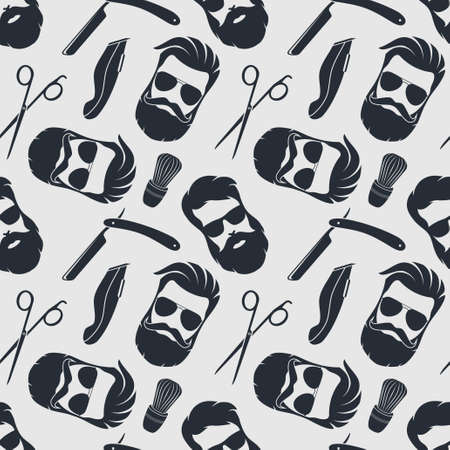 Barbershop background, seamless pattern with hairdressing scissors,  razor and hipster face. Vector illustration.のイラスト素材