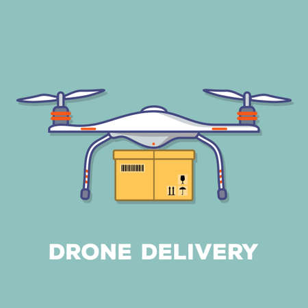 Concept for delivery service. Delivery drone with the package. Flat design. Vector illustration.のイラスト素材