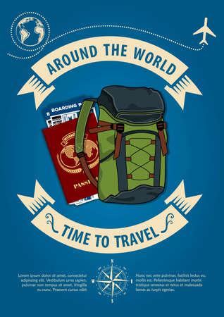 Time to travel banner or poster with rucksack, passport and boarding passes tickets. Concept for travel and vacations. Vector illustrationのイラスト素材
