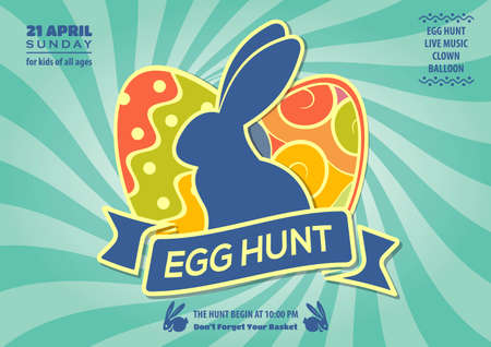 Easter Egg Hunt poster or invitation design with eggs and cute bunny.  Vector illustration.のイラスト素材