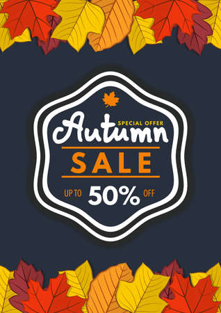 Autumn sale poster of discount. Promo web banner with fall leaves. Vector illustration.のイラスト素材