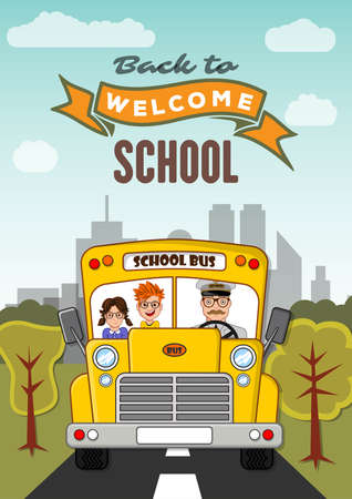 Welcome Back to School poster, banner template with School Bus. Vector illustrationのイラスト素材