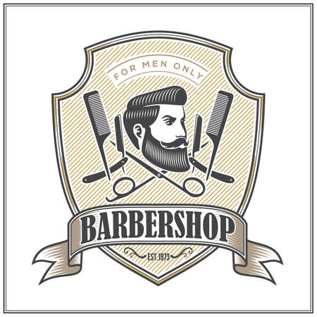 Barbershop Logo with barber pole and bearded men in vintage style. Vector templateのイラスト素材