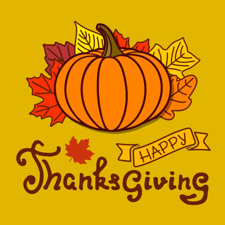 Happy Thanksgiving day poster template with pumpkin and autumn leaves. Vector illustrationのイラスト素材