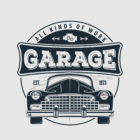 Car repair service, vintage Logo design concept with classic retro car. Vector illustrationのイラスト素材