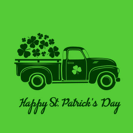Saint Patricks day celebration design template with vintage truck and Shamrock leaves