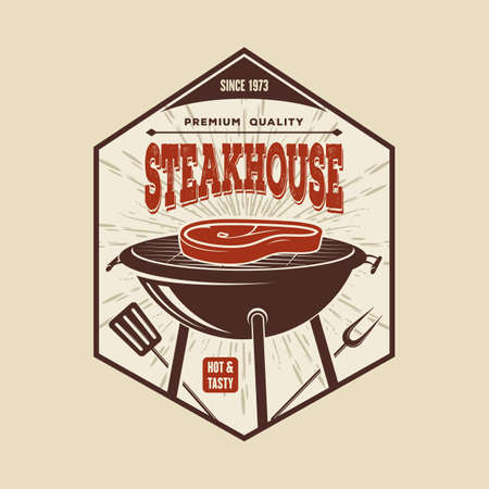 Steakhouse logo design with BBQ grill and steakのイラスト素材