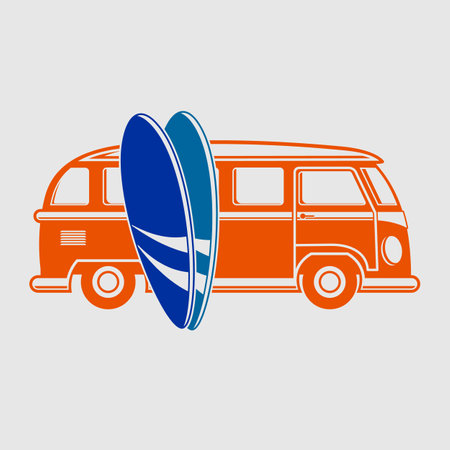 Old Minivan with two surfboards isolated on whiteのイラスト素材