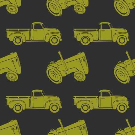 Retro farm tractor and old pickup seamless patternのイラスト素材