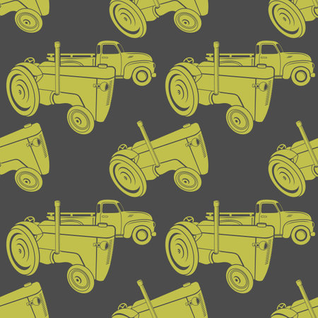 Retro farm tractor and old pickup seamless patternのイラスト素材