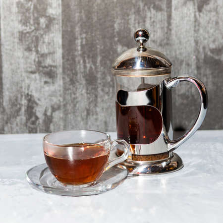 Cups and saucer, tea set on silver backgroundの写真素材