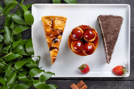 Beautiful chocolate cakes, desserts, top viewの写真素材