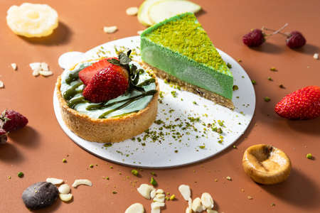 Tasty colorful chocolate cakes with fruits, top viewの写真素材