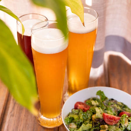 Beer glasses with salad close upの写真素材