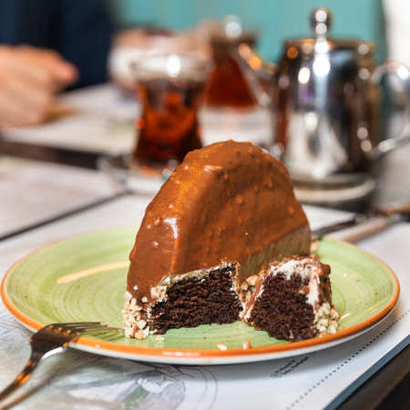 Chocolate dessert on plate close upの写真素材