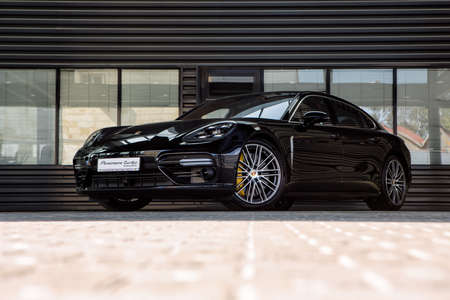 Black Porsche Panamera Turbo outsideのeditorial素材