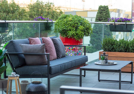 Plants in painted barrel at restaurantの写真素材