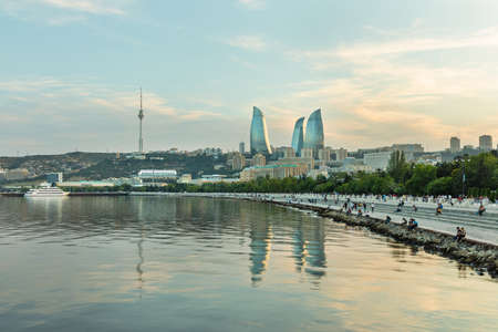 Baku city Caspian Sea Boulevard at sunset timeのeditorial素材