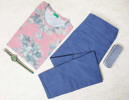 Woman t-shirt with a blue pants top viewの写真素材