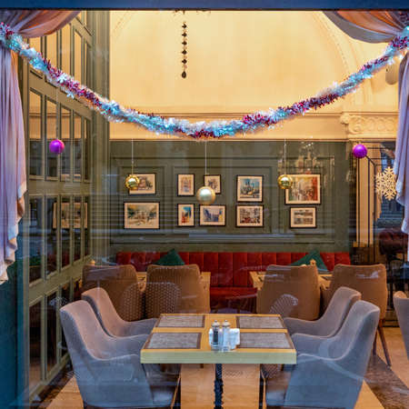 Christmas decorated restaurant interiorのeditorial素材