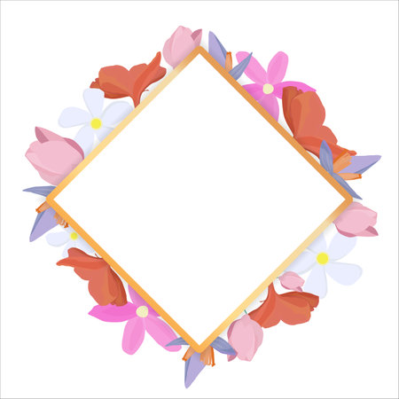 Tropical flowers around a white frame copy space. Bright abstract background for banner, flyer or cover with copy space for text or emblemのイラスト素材