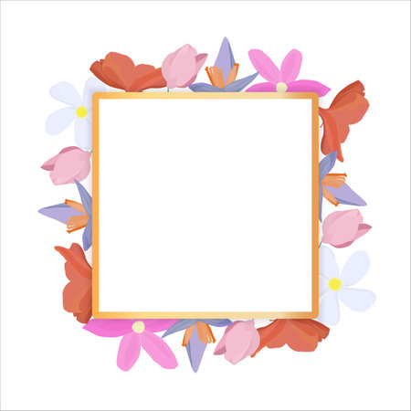 Tropical flowers around a white frame copy space. Bright abstract background for banner, flyer or cover with copy space for text or emblemのイラスト素材